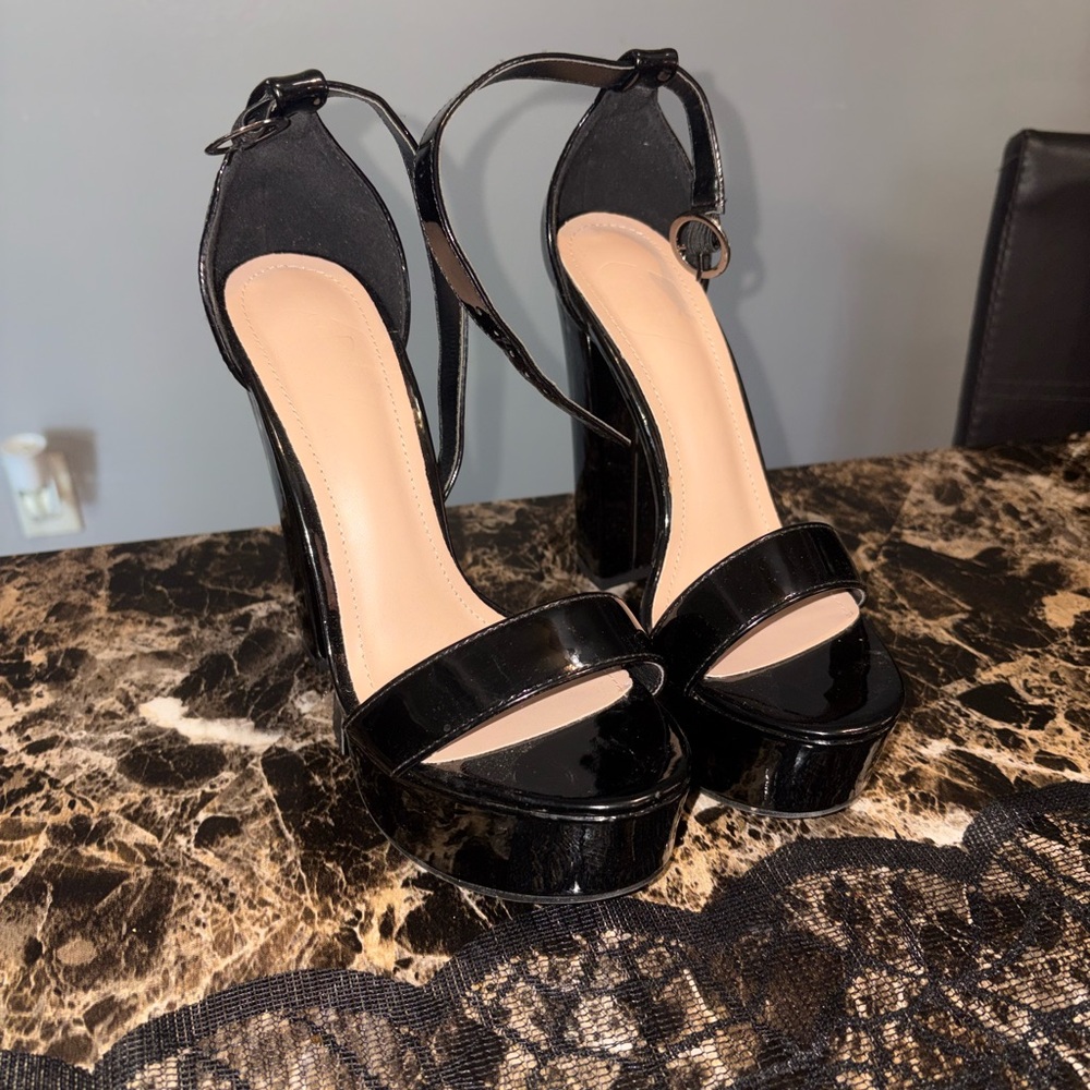 SHEIN Glossy Black Platform Heels